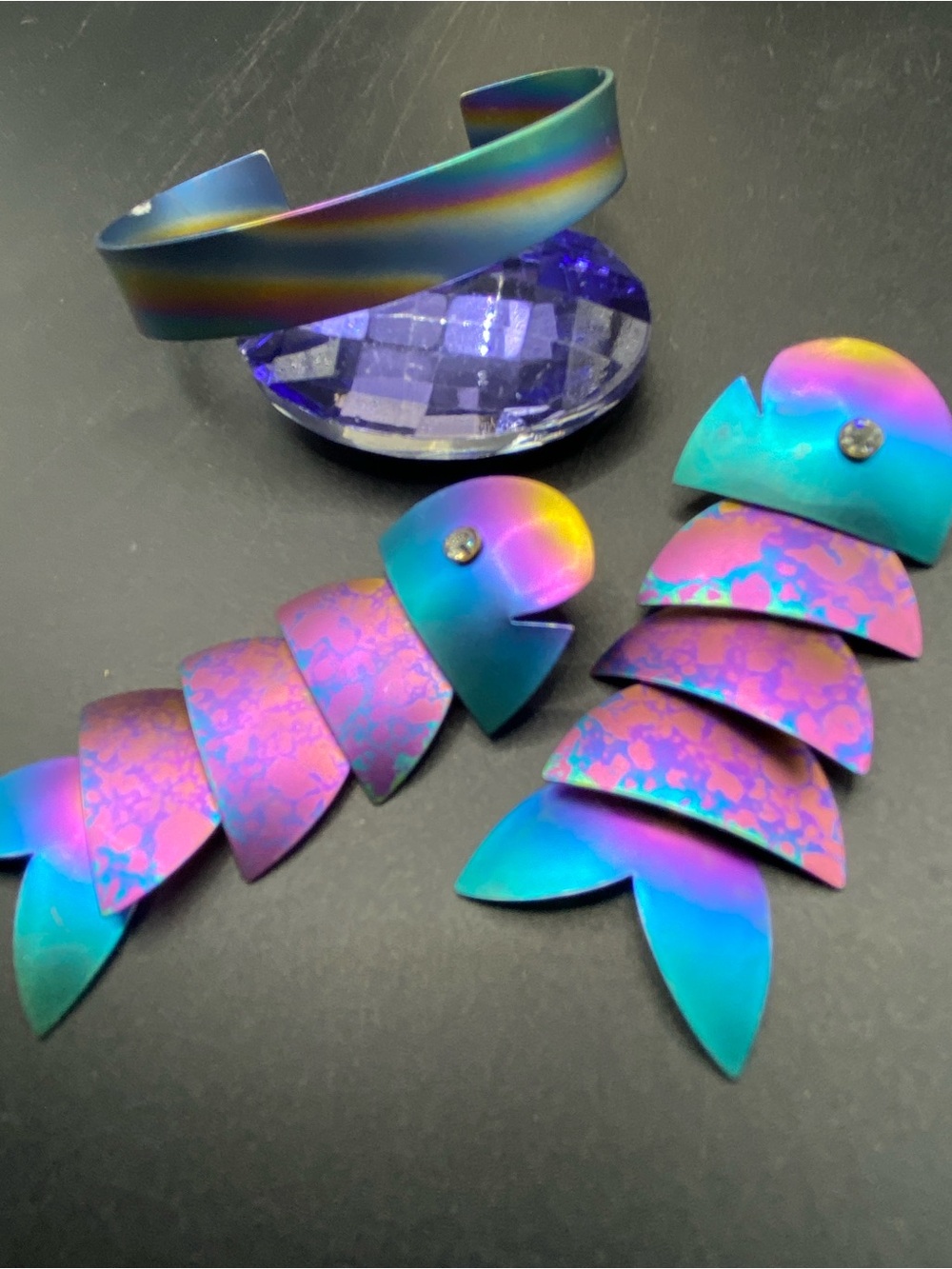Rainbow Titanium Bangle Bracelet & Articulated Fish Earrings Pierced Dangles